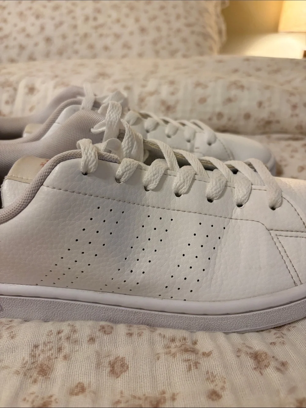 adidas White Leather Low-Top Sneakers with Gold Logo Accents